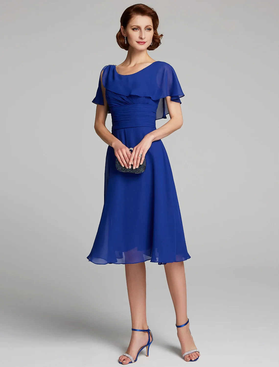 Luolandi A-Line Mother of the Bride Dress Cowl Neck Knee Length Chiffon Short Sleeve Pure Color