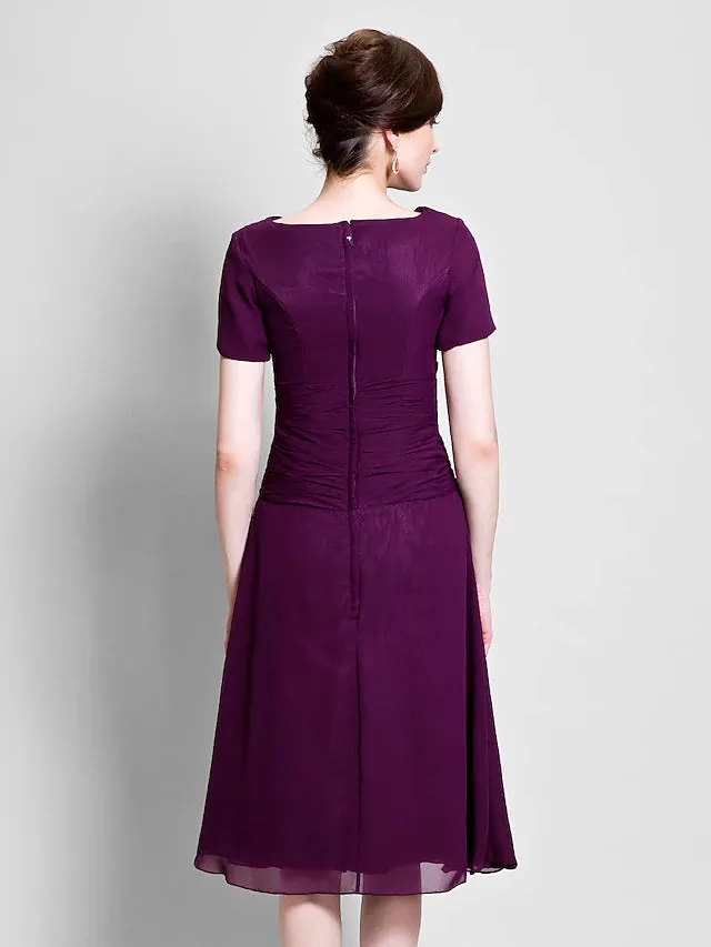 Luolandi A-Line Mother of the Bride Dress Cowl Neck Tea Length Chiffon Short Sleeve with Ruched Side