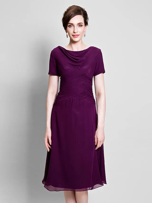 Luolandi A-Line Mother of the Bride Dress Cowl Neck Tea Length Chiffon Short Sleeve with Ruched Side