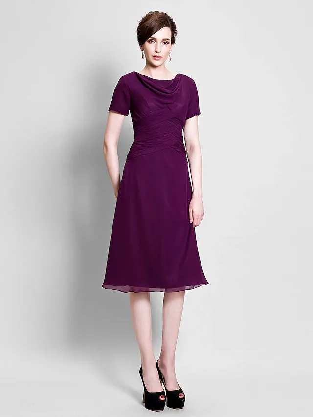 Luolandi A-Line Mother of the Bride Dress Cowl Neck Tea Length Chiffon Short Sleeve with Ruched Side