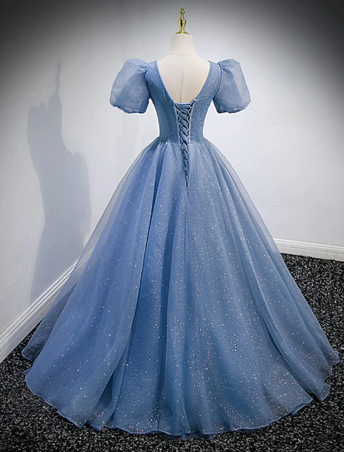 Luolandi A-Line Prom Dresses Puffy Dress Wedding Guest Quinceanera Floor Length Short Sleeve V Neck Tulle
