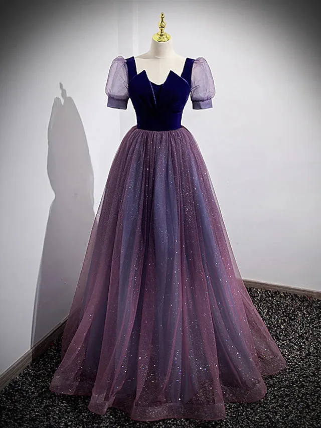 Luolandi A-Line Prom Dresses Sparkle & Shine Dress Prom Floor Length Short Sleeve Scoop Neck Tulle