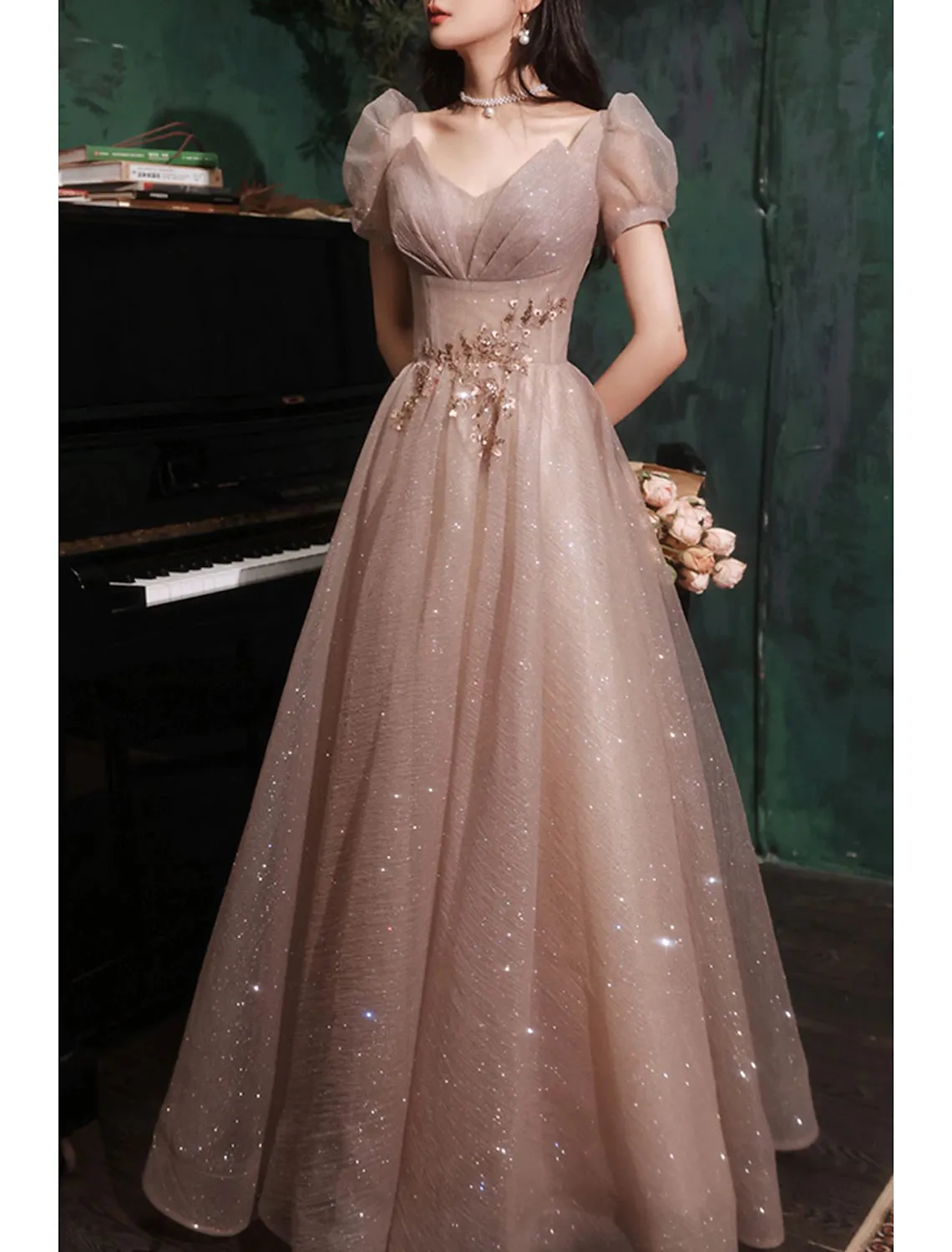 Luolandi A-Line Prom Dresses Sparkle & Shine Dress Prom Valentine's Day Floor Length Short Sleeve V Neck Tulle