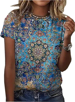 Mandala Shirt for Women Lotus Flower Graphic Tees Short Sleeve Casual Mandala T Shirts Tops