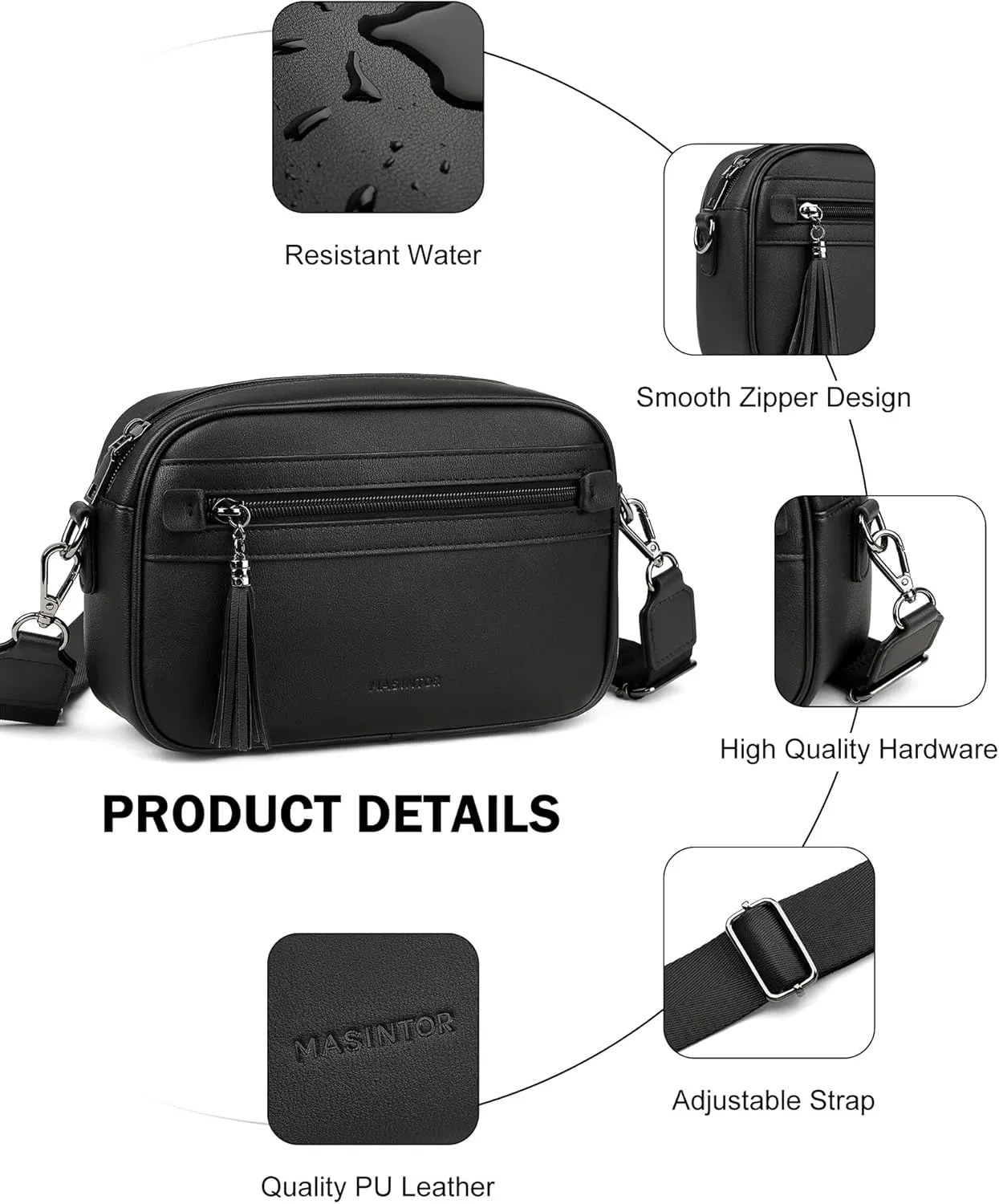 MASINTOR Crossbody Purses for Women Vegan Leather, Travel Purse Shoulder Handbag with Adjustable Strap and Tassel