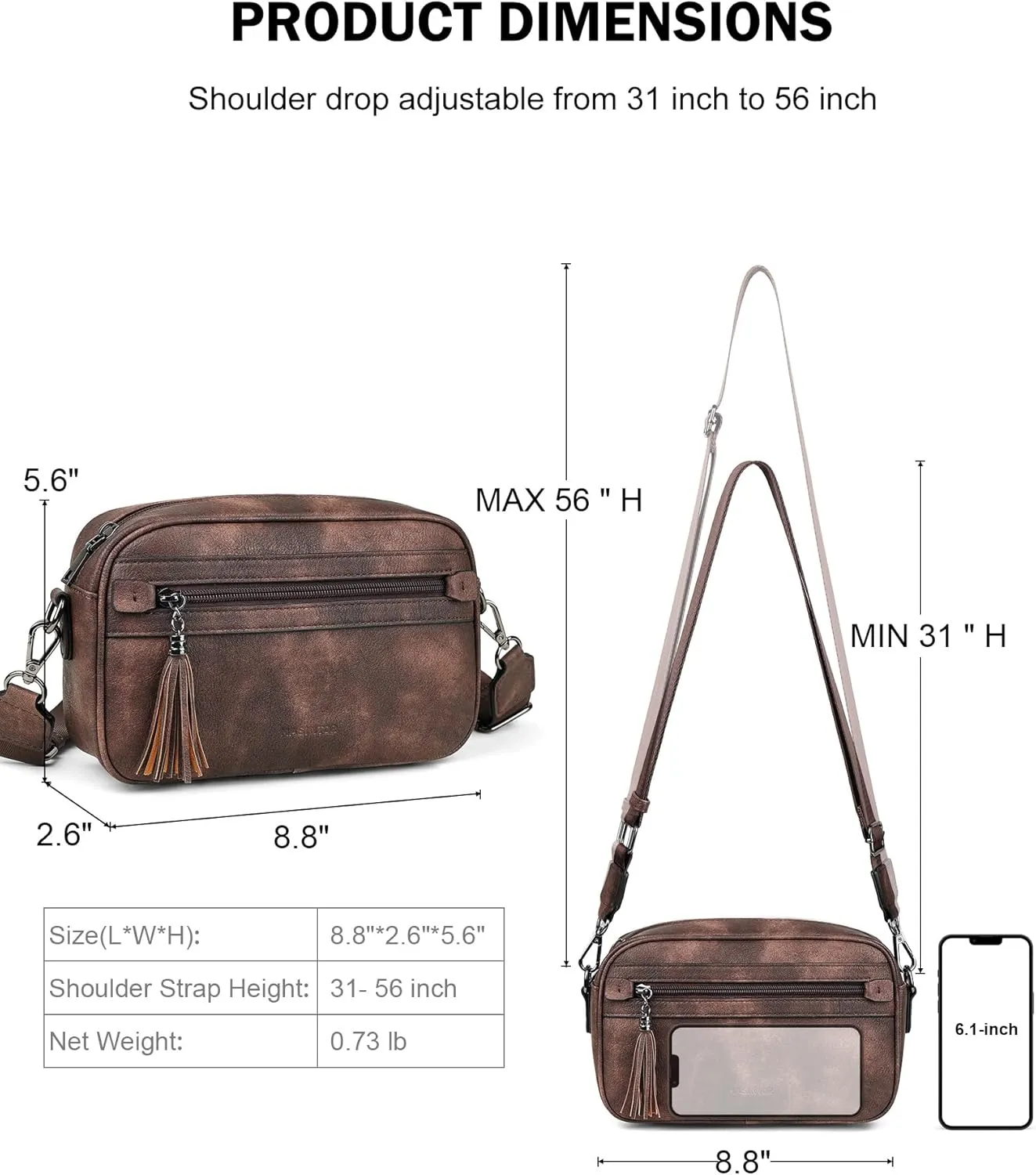 MASINTOR Crossbody Purses for Women Vegan Leather, Travel Purse Shoulder Handbag with Adjustable Strap and Tassel