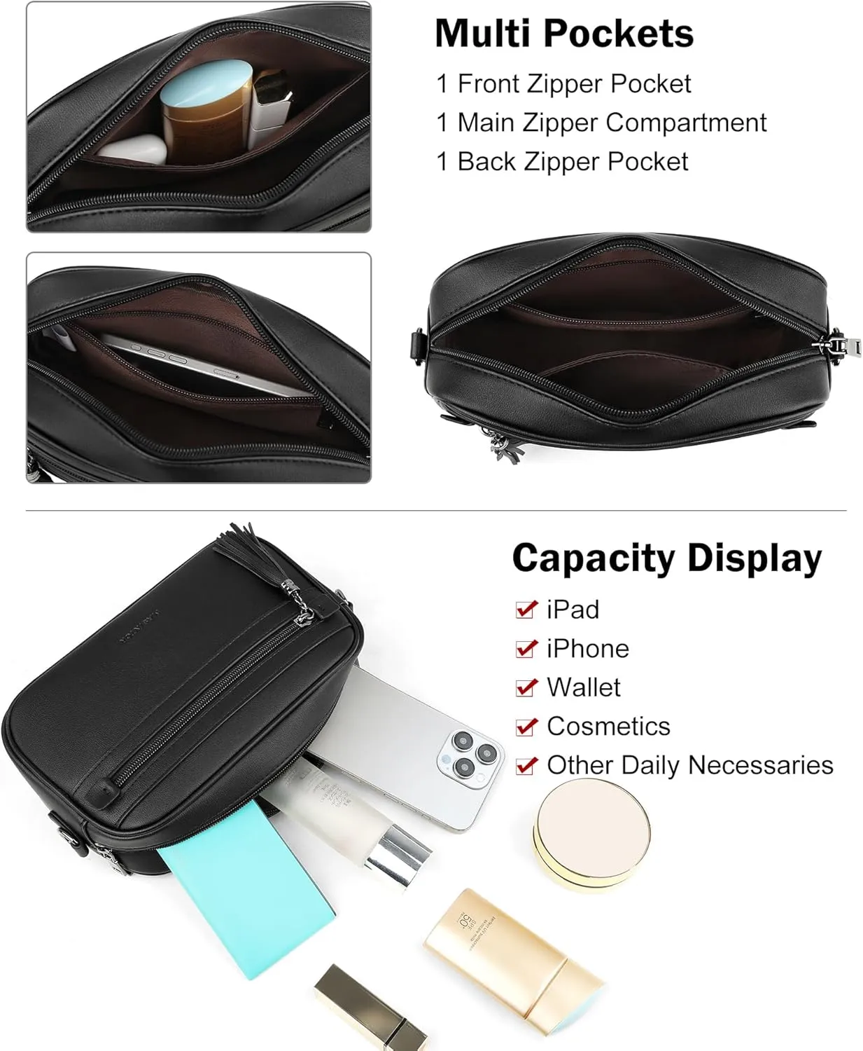 MASINTOR Crossbody Purses for Women Vegan Leather, Travel Purse Shoulder Handbag with Adjustable Strap and Tassel