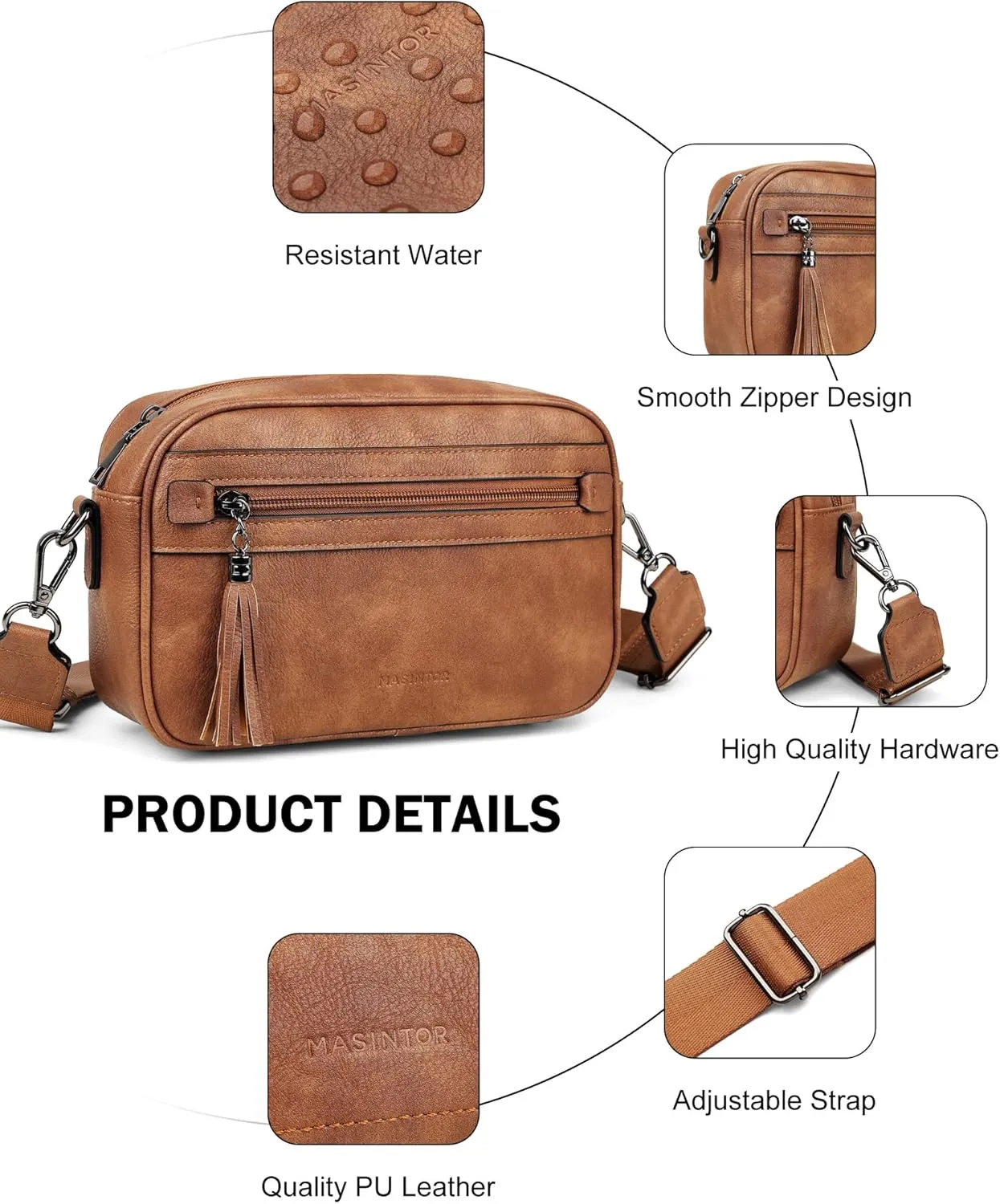 MASINTOR Crossbody Purses for Women Vegan Leather, Travel Purse Shoulder Handbag with Adjustable Strap and Tassel