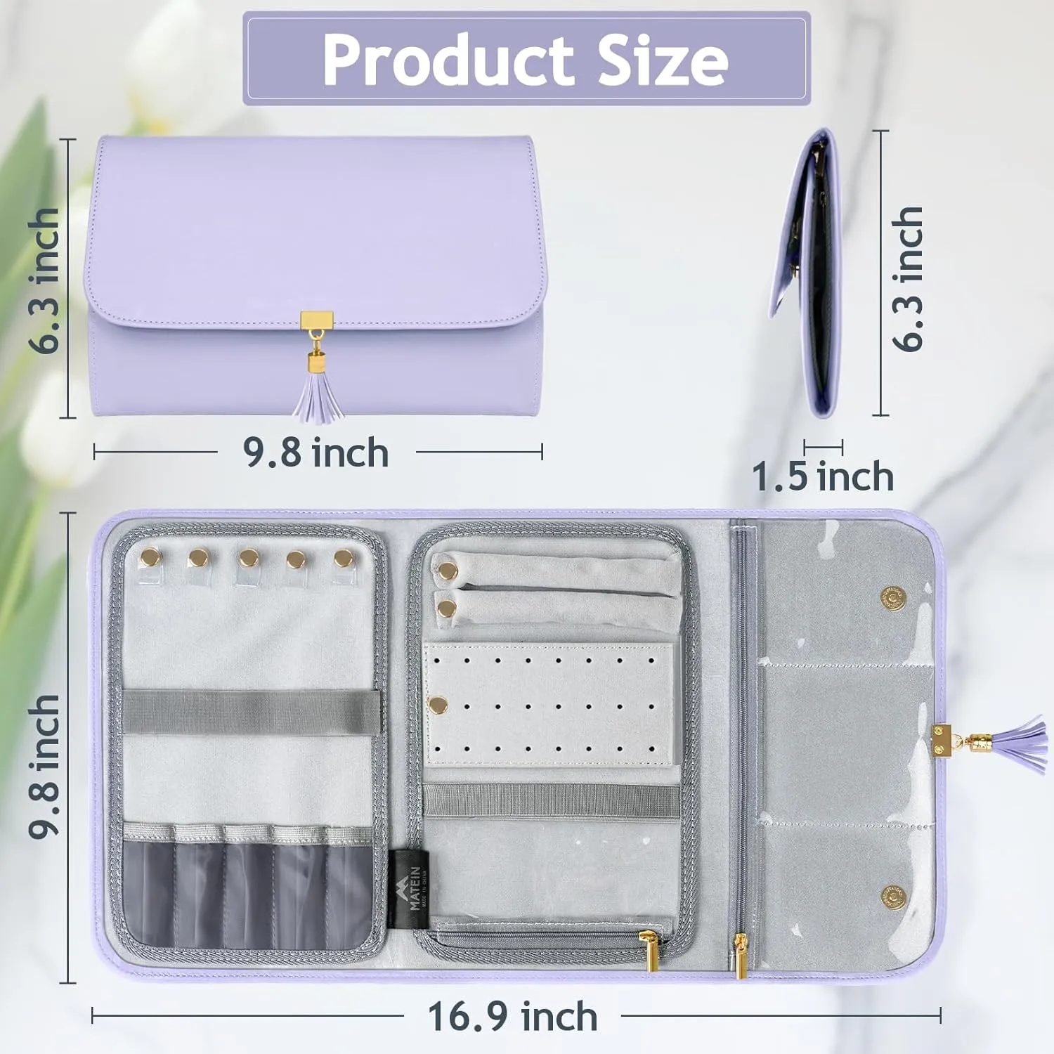 MATEIN Jewelry Organizer for Travel, Womens PU Leather Large Jewerly Holder with Tassel, Travel Necklace Earring Ring Bracelet Storage Case, Purple