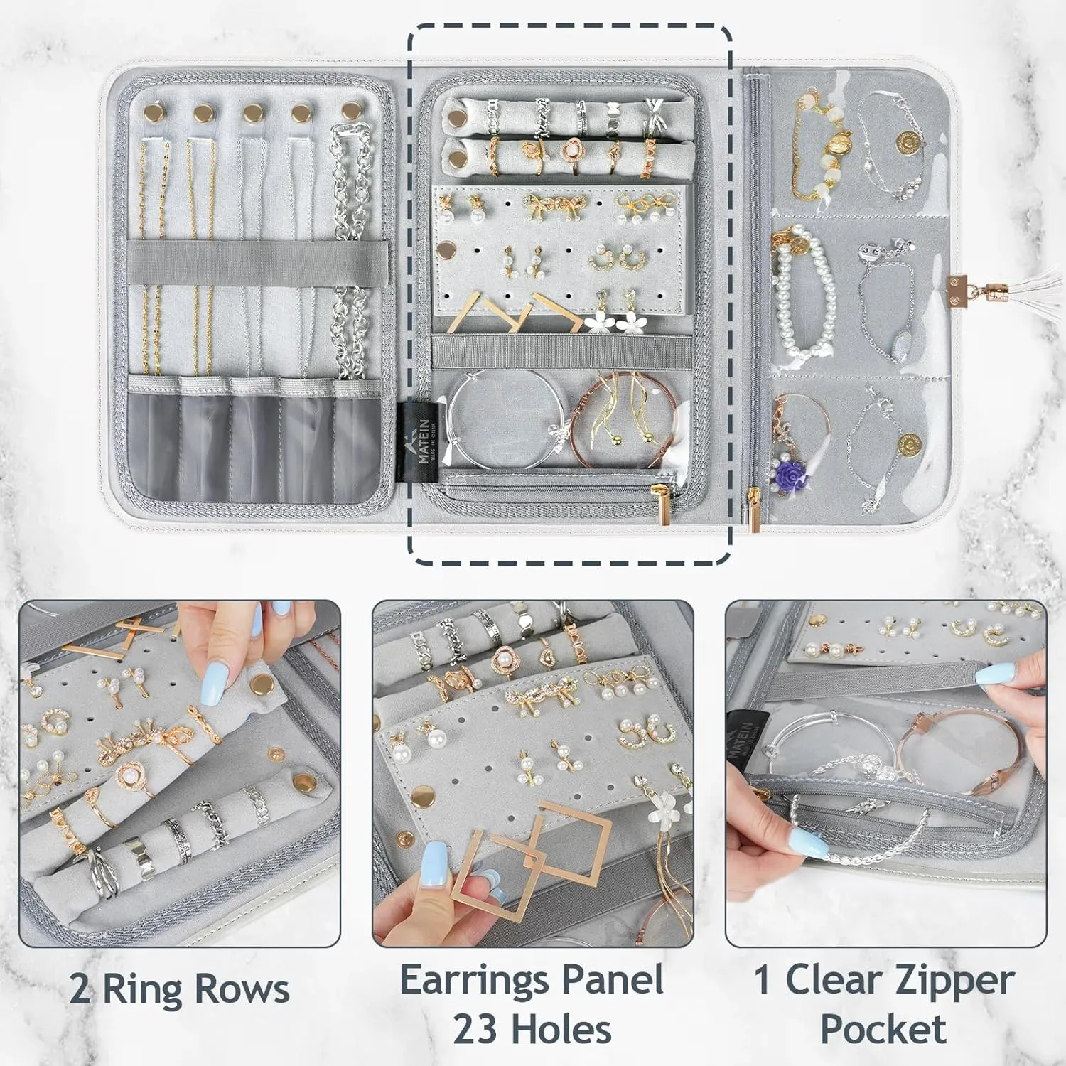 MATEIN Jewelry Travel Case for Women, Large Jewelry Holder Organizer with Transparent Pockets, Foldable Jewelry Roll Bag for Necklace Earring Ring Storage, Mothers Day Gifts for Mom, Beige