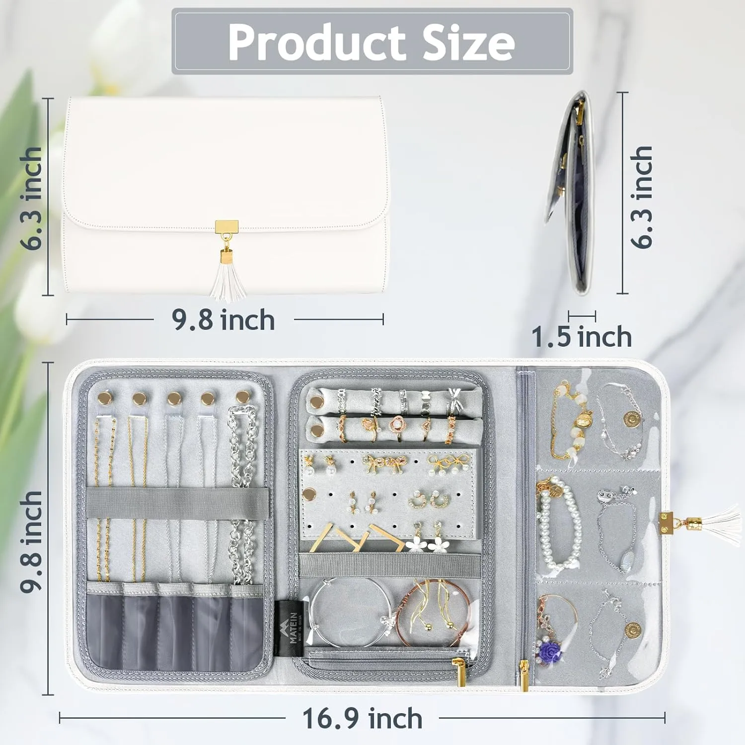 MATEIN Jewelry Travel Case for Women, Large Jewelry Holder Organizer with Transparent Pockets, Foldable Jewelry Roll Bag for Necklace Earring Ring Storage, Mothers Day Gifts for Mom, Beige