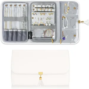 MATEIN Jewelry Travel Case for Women, Large Jewelry Holder Organizer with Transparent Pockets, Foldable Jewelry Roll Bag for Necklace Earring Ring Storage, Mothers Day Gifts for Mom, Beige
