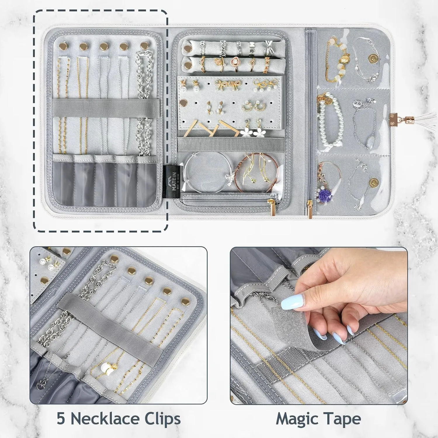 MATEIN Jewelry Travel Case for Women, Large Jewelry Holder Organizer with Transparent Pockets, Foldable Jewelry Roll Bag for Necklace Earring Ring Storage, Mothers Day Gifts for Mom, Beige