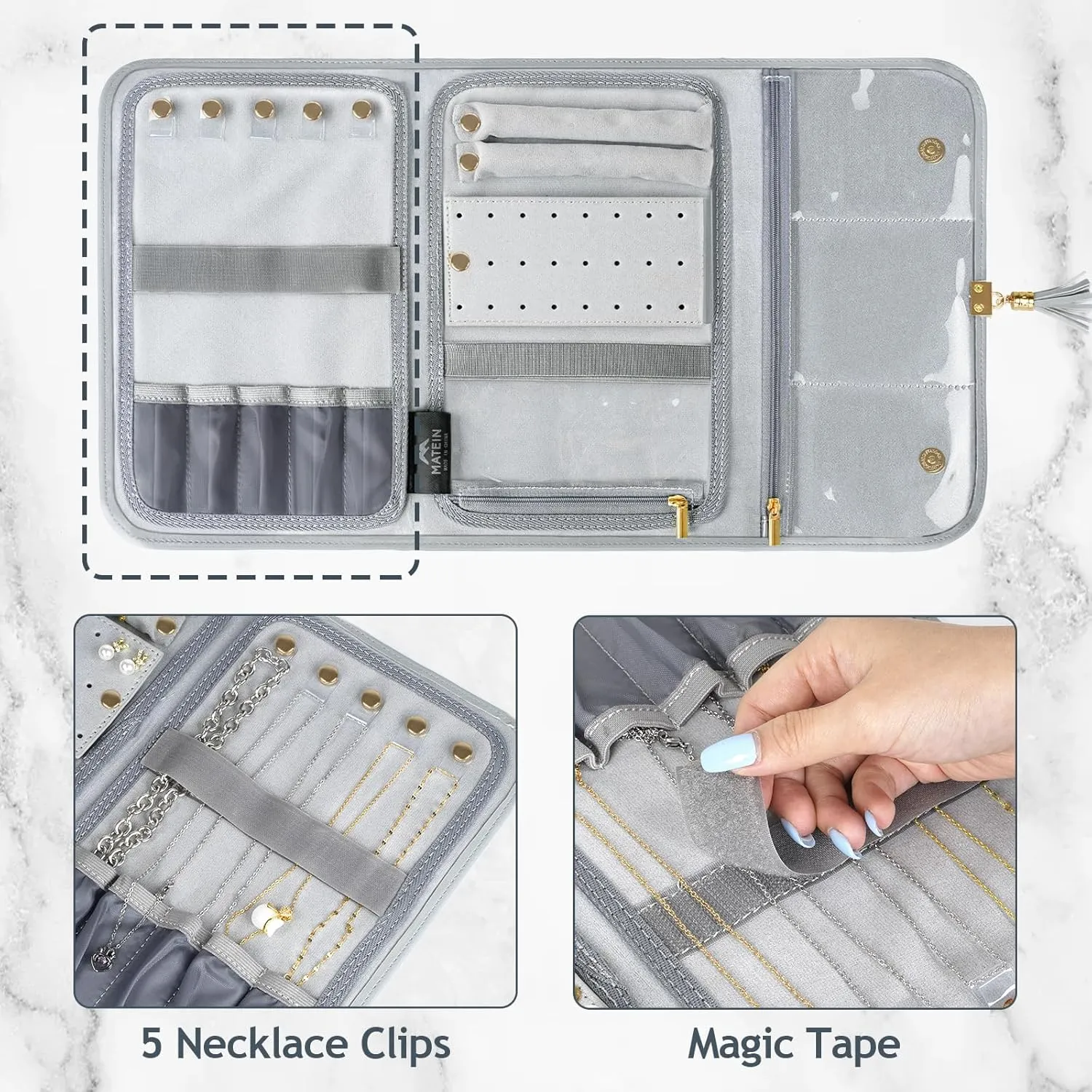 MATEIN Jewelry Travel Organizer for Women, Tangle Free Portable Leather Jewelry Storage Roll Bag Envelope Clutch, Waterproof Lightweight Jewelry Case Holder for Necklaces, Rings, Earrings, Bracelets