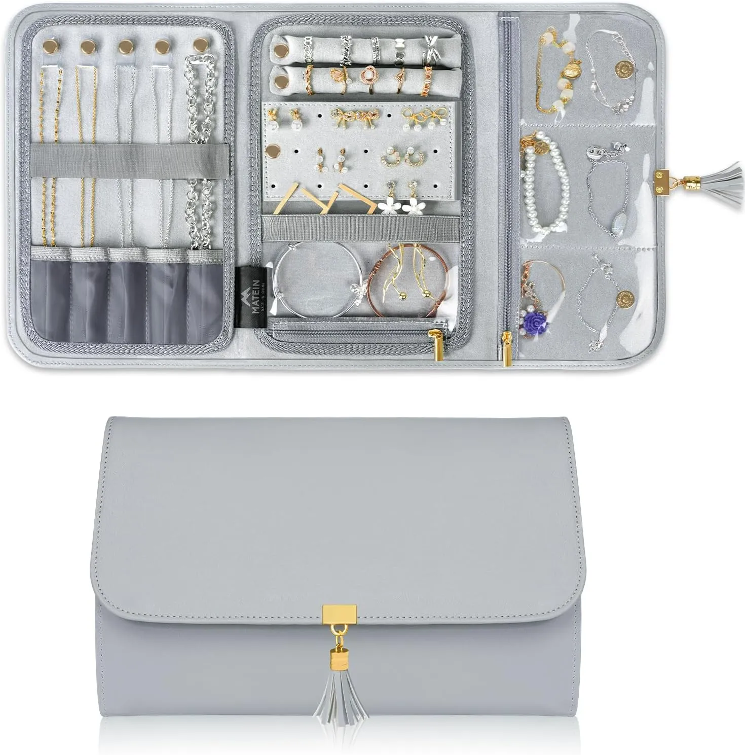 MATEIN Jewelry Travel Organizer for Women, Tangle Free Portable Leather Jewelry Storage Roll Bag Envelope Clutch, Waterproof Lightweight Jewelry Case Holder for Necklaces, Rings, Earrings, Bracelets