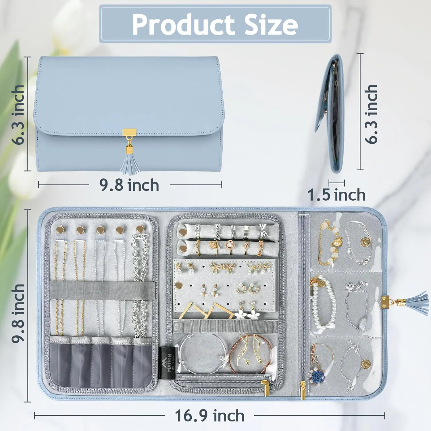 MATEIN Travel Jewelry Case, Compact Ring Organizer Carrying Bag for Rings, Earrings, Necklaces, Bracelets, Practical Separate Compartments for Jewelry Storage, Blue