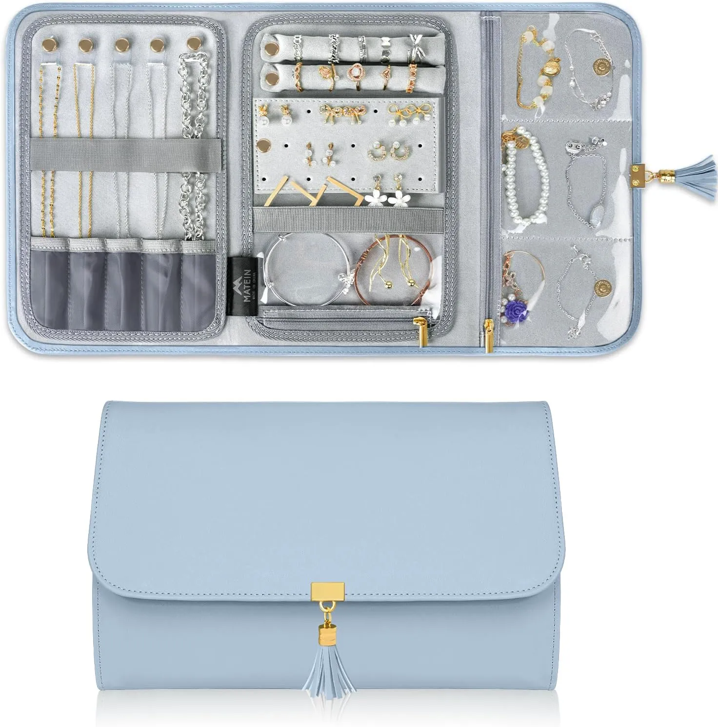 MATEIN Travel Jewelry Case, Compact Ring Organizer Carrying Bag for Rings, Earrings, Necklaces, Bracelets, Practical Separate Compartments for Jewelry Storage, Blue