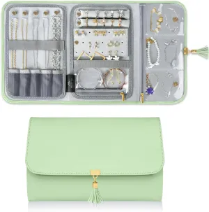 MATEIN Travel Jewelry Organizer Case, Foldable Water-Resistant Soft Leather Jewelry Roll, Women Jewelry Bag for Earrings, Rings, Necklaces, Bracelets, Green