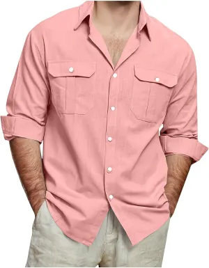 Mens Button Down Shirts Casual Long Sleeve Comfy Cotton Linen Shirts Loose Trendy Lapel Collar Blouse with Pocket