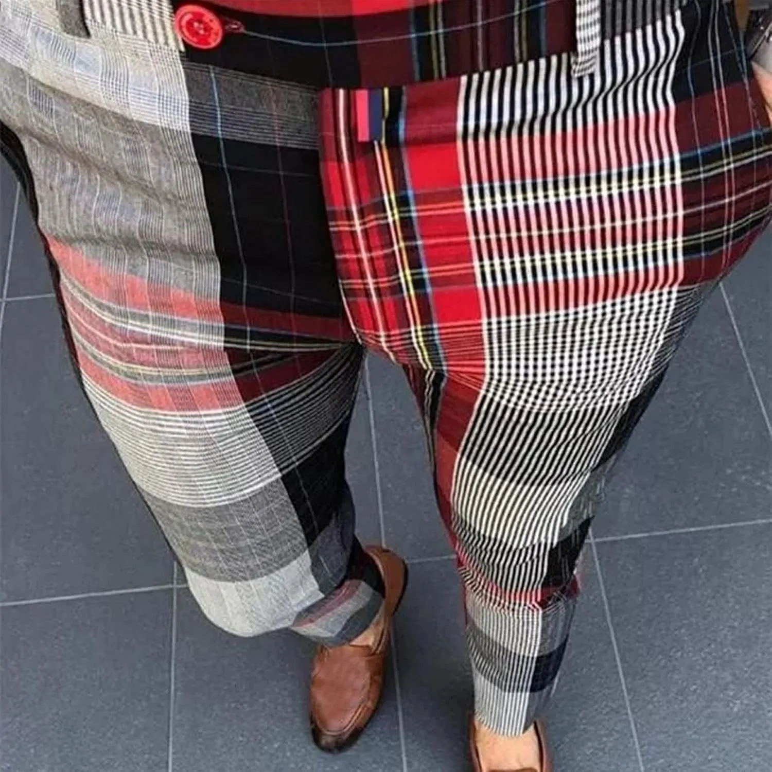 Mens Casual Plaid Pants Fashion Retro Tapered Stretch Slim Fit Business Dress Chino Pants Formal Lightweight Pants