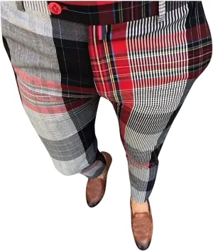 Mens Casual Plaid Pants Fashion Retro Tapered Stretch Slim Fit Business Dress Chino Pants Formal Lightweight Pants