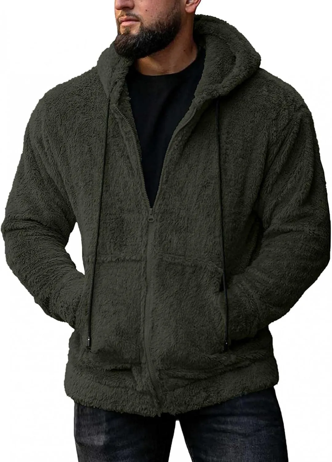 Mens Casual Sherpa Lined Jacket Hoodie Fluffy Fleece Open Front Cardigan Sweater Zip Up Fuzzy Faux Shearling Teddy Coat