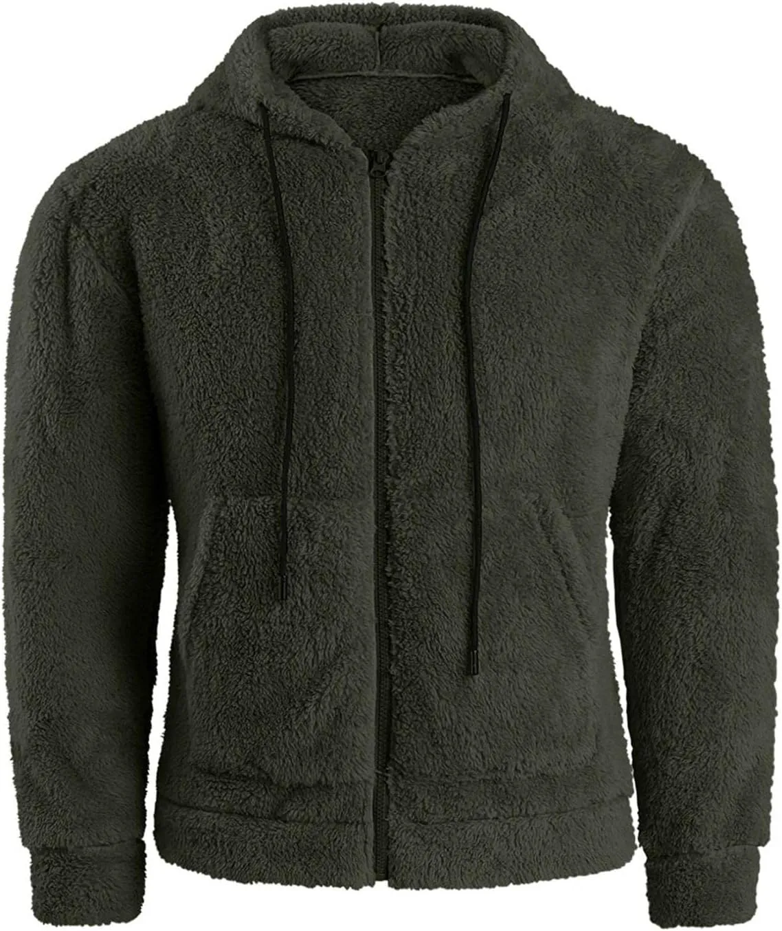 Mens Casual Sherpa Lined Jacket Hoodie Fluffy Fleece Open Front Cardigan Sweater Zip Up Fuzzy Faux Shearling Teddy Coat