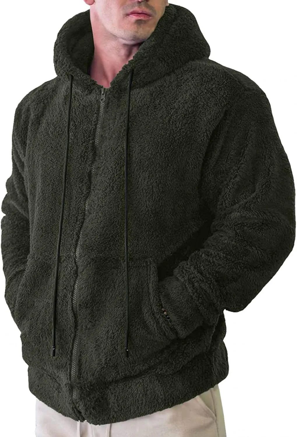 Mens Casual Sherpa Lined Jacket Hoodie Fluffy Fleece Open Front Cardigan Sweater Zip Up Fuzzy Faux Shearling Teddy Coat