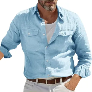Mens Casual Solid Color Long Sleeve Shirts Cotton Linen Lapel Shirt with Pockets Casual Lightweight Button Down Tops