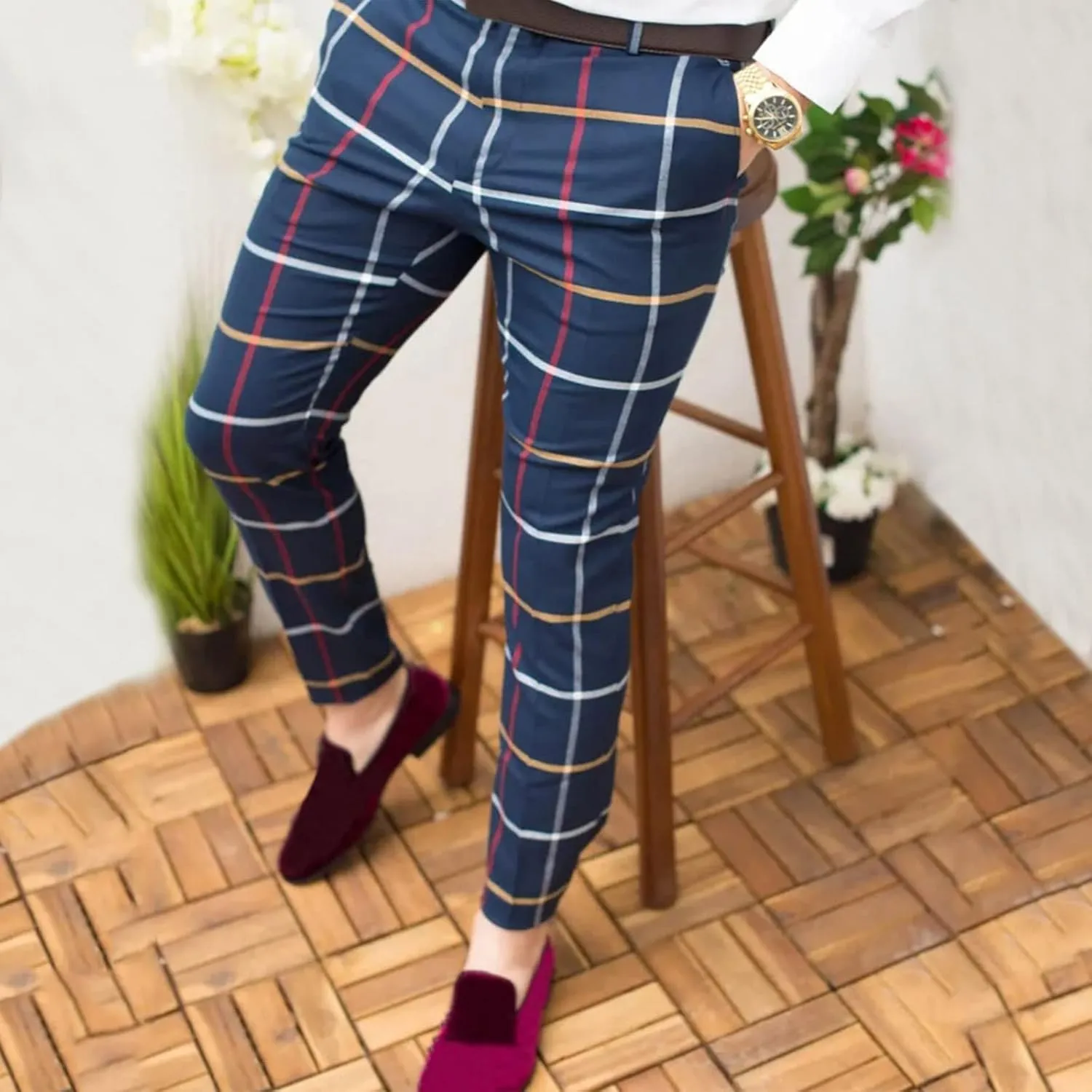 Men's Casual Stretch Business Dress Pants Slim Fit Plaid Stylish Golf Chino Pants Skinny Flat-Front Tapered Work Pant