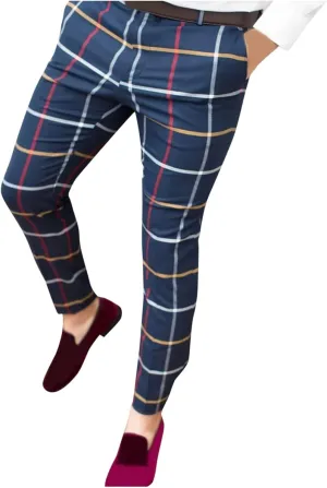 Men's Casual Stretch Business Dress Pants Slim Fit Plaid Stylish Golf Chino Pants Skinny Flat-Front Tapered Work Pant
