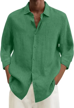 Mens Cotton Linen Button Down Shirt Long Sleeve Shirts for Men Casual Plus Size Beach Summer Lightweight Dress Tops