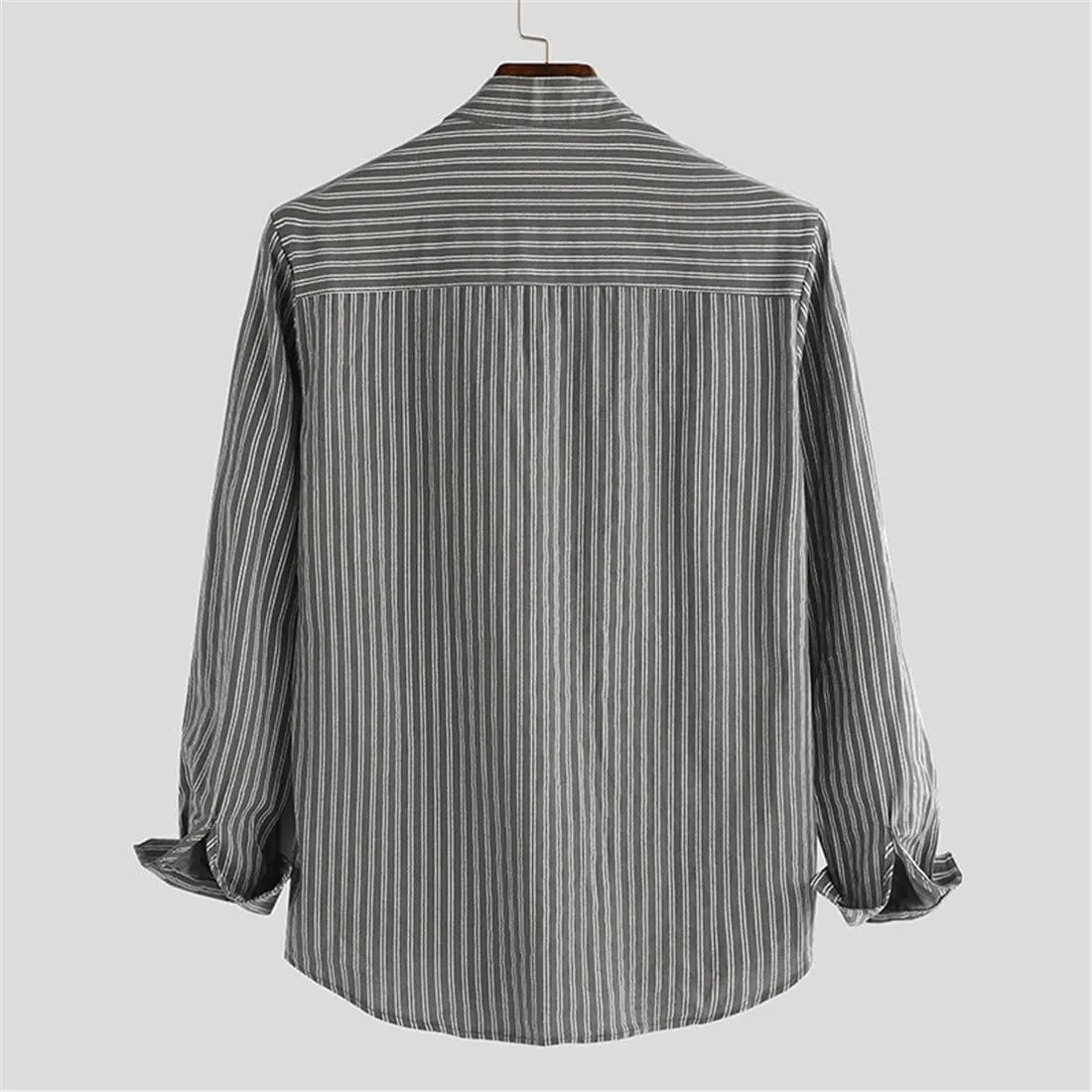 Mens Cotton Linen Button Down Shirts Fashion Striped Long Sleeve Banded Collar Casual Shirt Beach Summer Shirt Tops