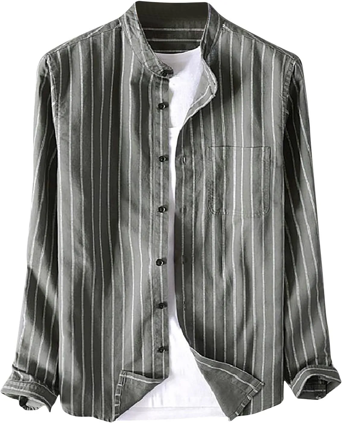 Mens Cotton Linen Button Down Shirts Fashion Striped Long Sleeve Banded Collar Casual Shirt Beach Summer Shirt Tops
