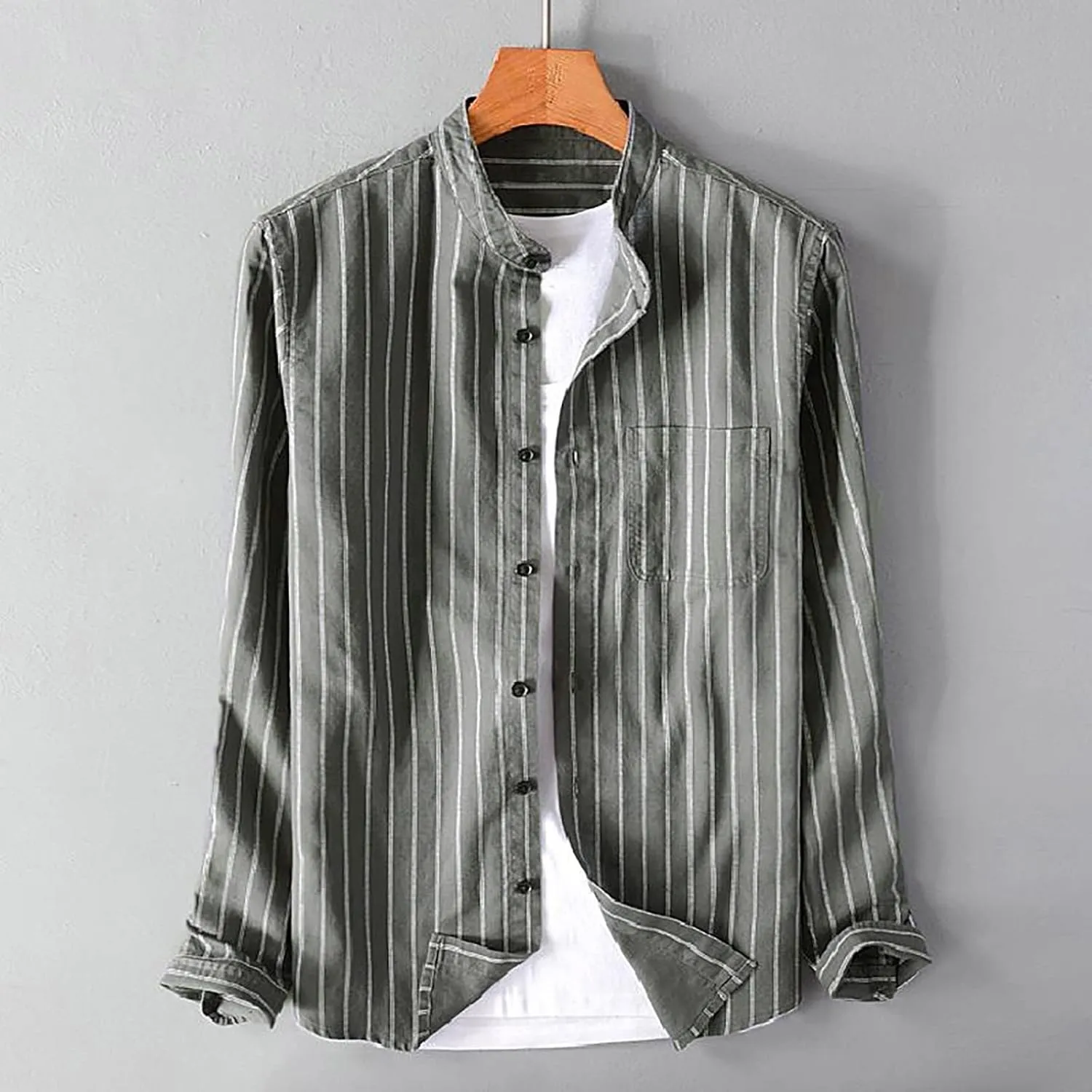Mens Cotton Linen Button Down Shirts Fashion Striped Long Sleeve Banded Collar Casual Shirt Beach Summer Shirt Tops