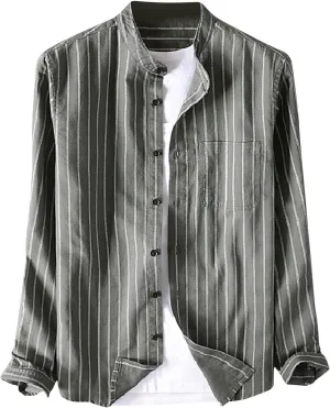 Mens Cotton Linen Button Down Shirts Fashion Striped Long Sleeve Banded Collar Casual Shirt Beach Summer Shirt Tops