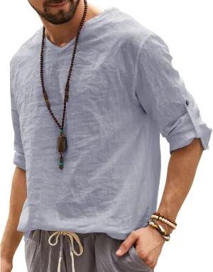Men's Cotton Linen Henley Shirt Crewneck Long Sleeve Hippie T Shirts Casual Summer Beach Loose Fit Tees Fashion Tops