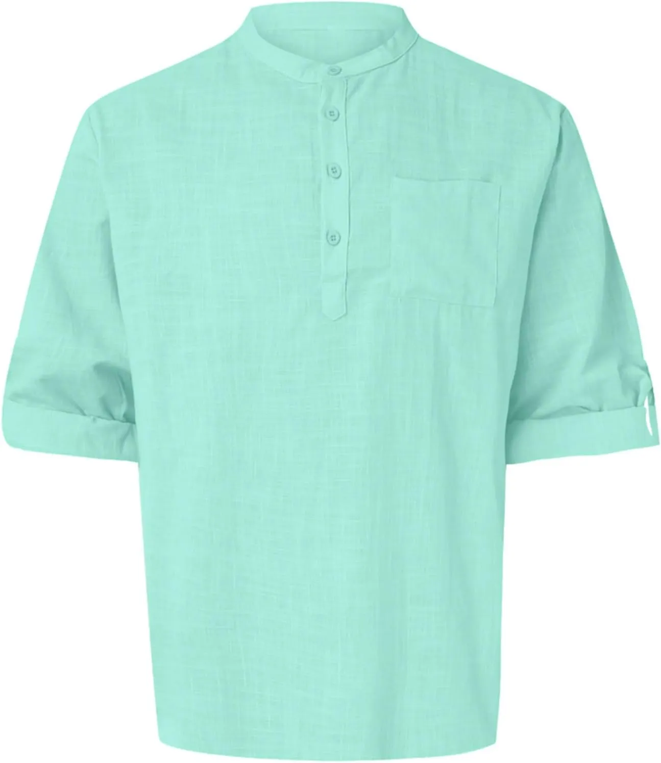 Mens Cotton Linen Shirts Casual Banded Collar Button Down Shirts Long Sleeve Casual Henley Shirt Summer Beach Tops