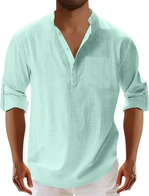 Mens Cotton Linen Shirts Casual Banded Collar Button Down Shirts Long Sleeve Casual Henley Shirt Summer Beach Tops