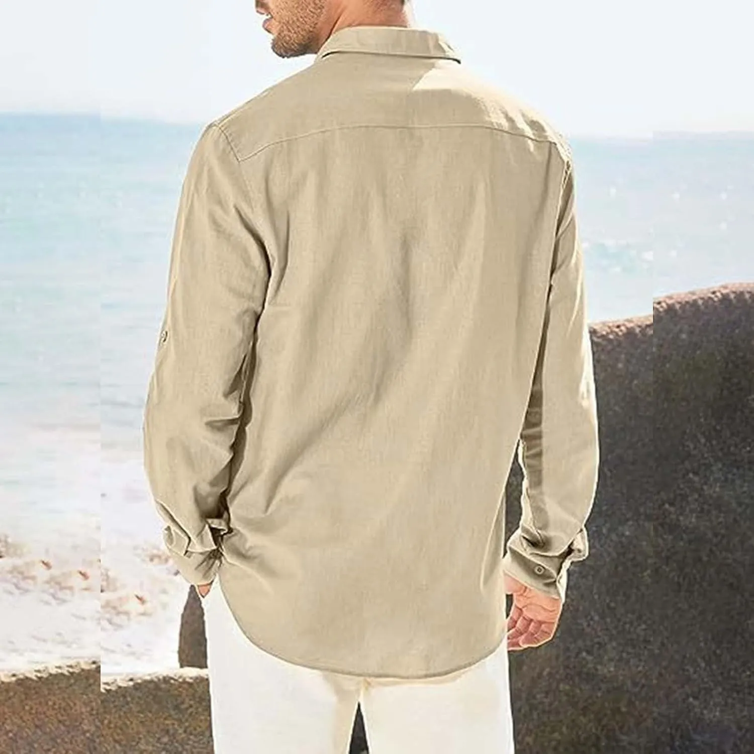 Men's Cuban Guayabera Cotton Linen Long Sleeve Dress Shirt Casual Fashion Button up Shirts Jackets with 2 Pockets