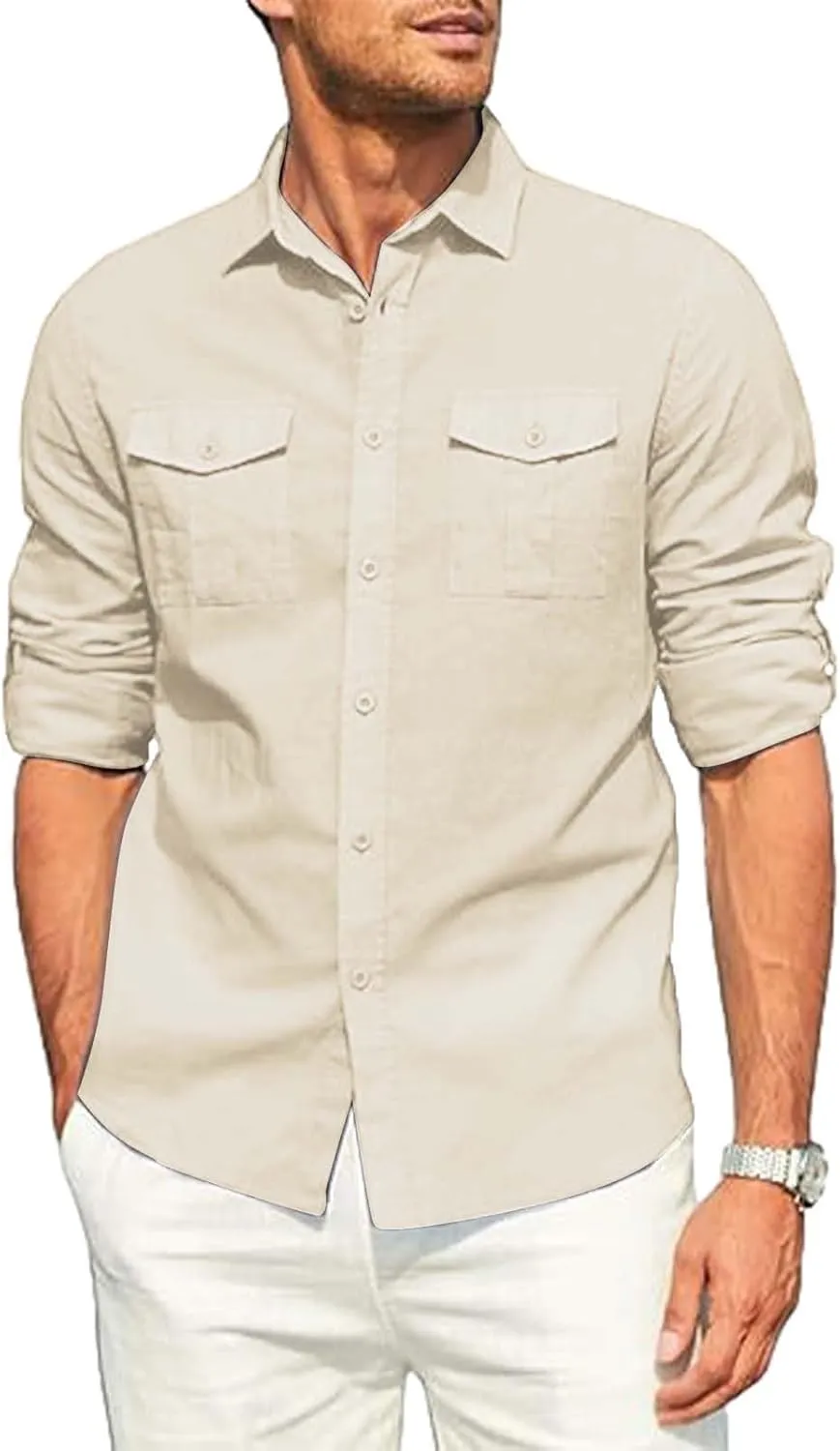 Men's Cuban Guayabera Cotton Linen Long Sleeve Dress Shirt Casual Fashion Button up Shirts Jackets with 2 Pockets