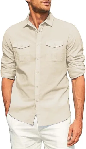 Men's Cuban Guayabera Cotton Linen Long Sleeve Dress Shirt Casual Fashion Button up Shirts Jackets with 2 Pockets
