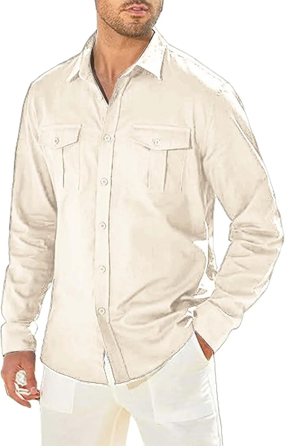 Men's Cuban Guayabera Cotton Linen Long Sleeve Dress Shirt Casual Fashion Button up Shirts Jackets with 2 Pockets