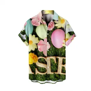 Men's Easter Hawaiian Shirt - Green, Yellow - Short Sleeve - Bunny Print - Polyester - One Size (Large) - Adult