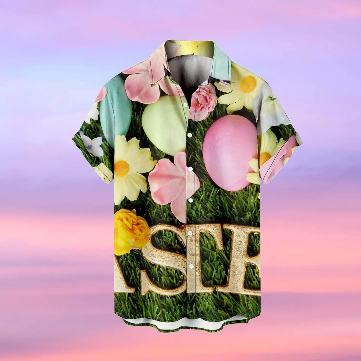 Men's Easter Hawaiian Shirt - Green, Yellow - Short Sleeve - Bunny Print - Polyester - One Size (Large) - Adult