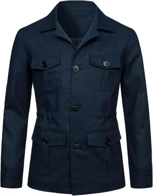 Mens Field Jacket Casual Cotton Linen Lightweight Safari Shirts with Pockets Utility Military Button Down Work Coats