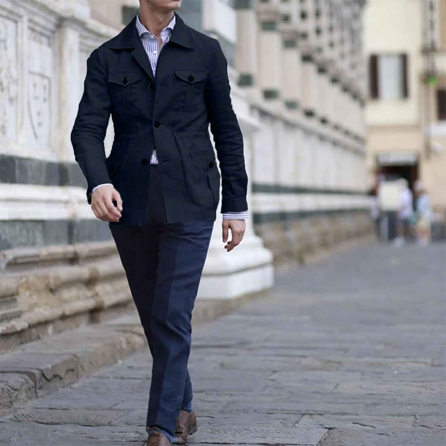 Mens Field Jacket Casual Cotton Linen Lightweight Safari Shirts with Pockets Utility Military Button Down Work Coats