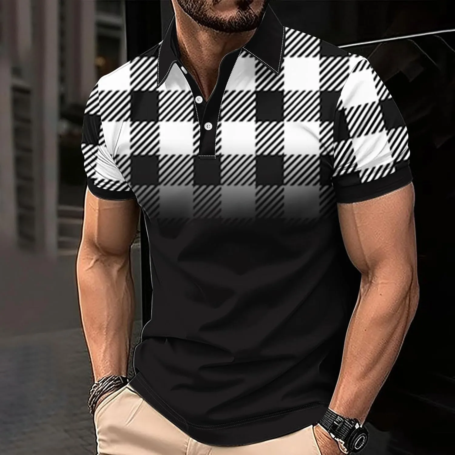 Mens Golf Shirts Short Sleeve Big and Tall Mesh Shirt Breathable,Plaid Graphic Print Shirt,Business Casual Summer