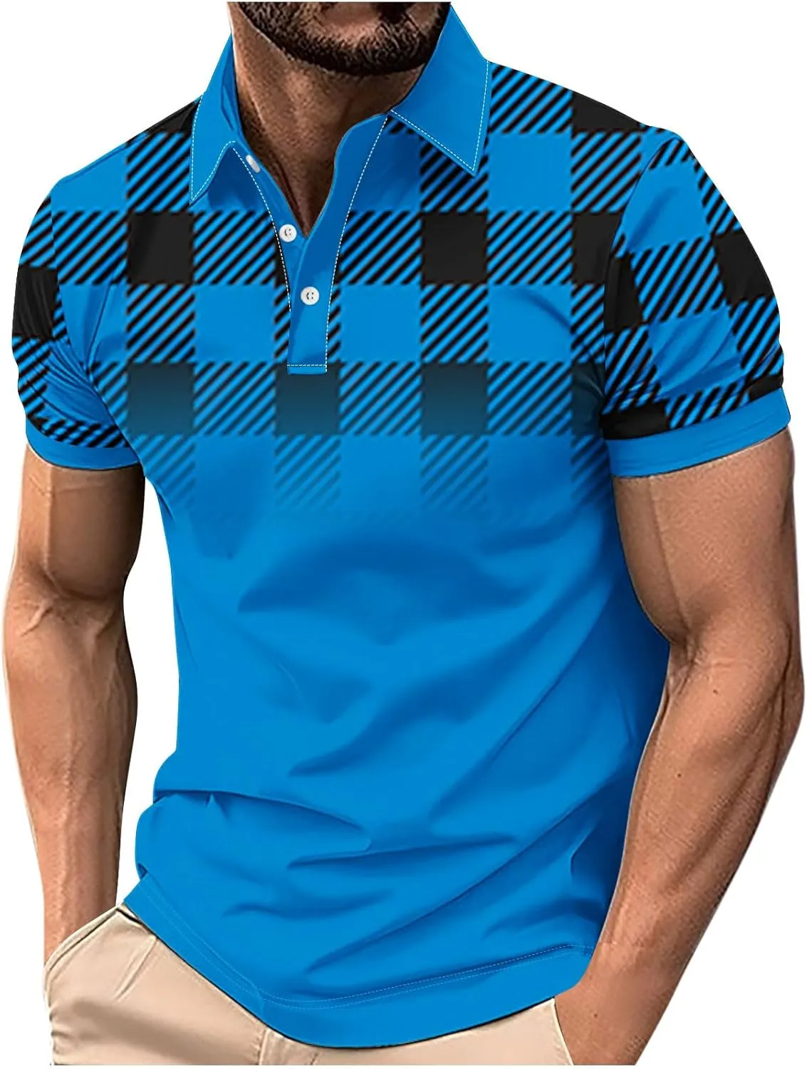 Mens Golf Shirts Short Sleeve Big and Tall Mesh Shirt Breathable,Plaid Graphic Print Shirt,Business Casual Summer