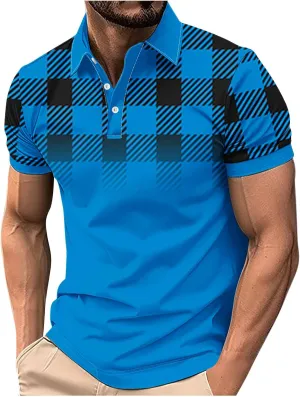 Mens Golf Shirts Short Sleeve Big and Tall Mesh Shirt Breathable,Plaid Graphic Print Shirt,Business Casual Summer